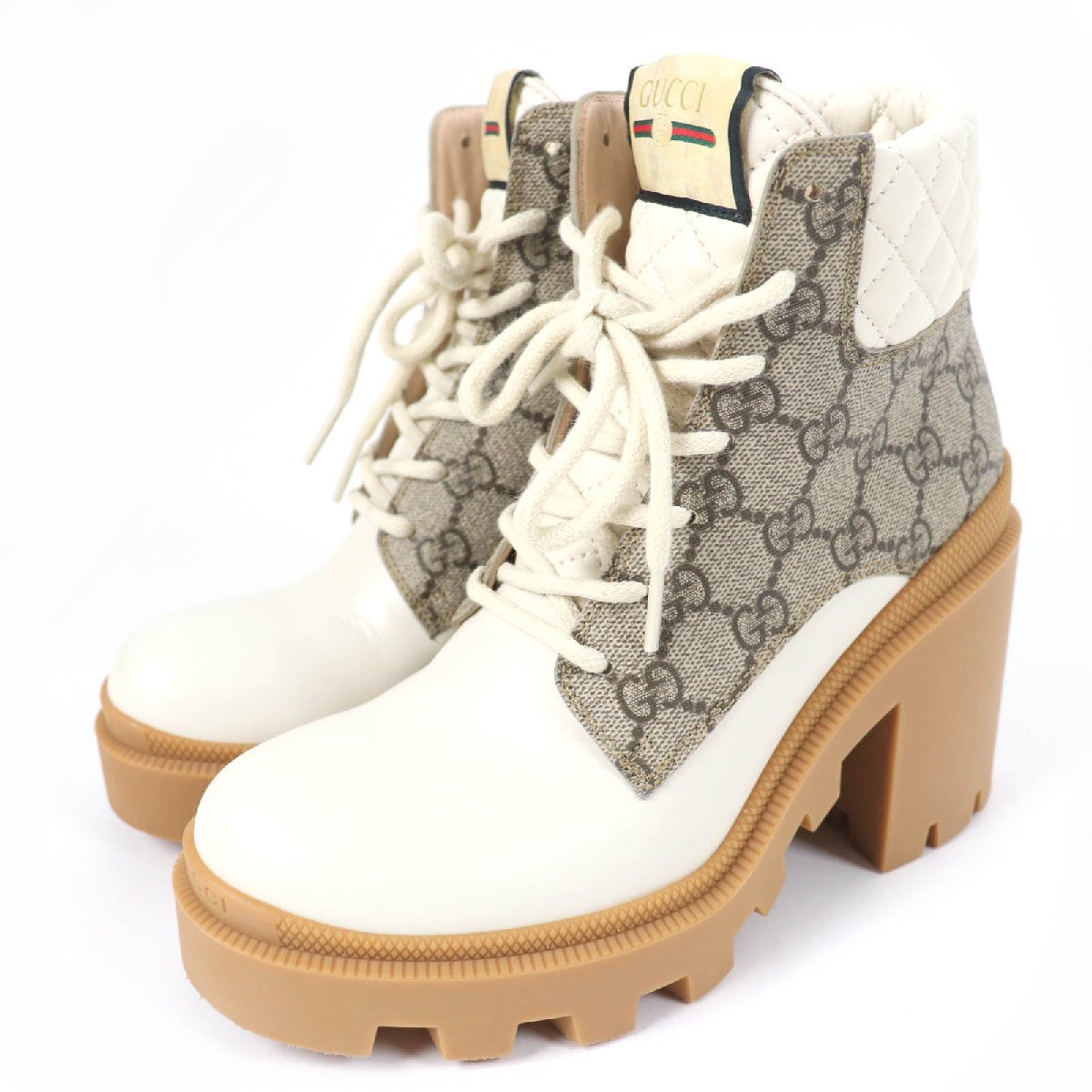 極美品☆GUCCI グッチ 659691 GGスプリームキャンバス レザー アンクルブーツ アイボリー 36.5 箱?保存袋付き イタリア制 レディース