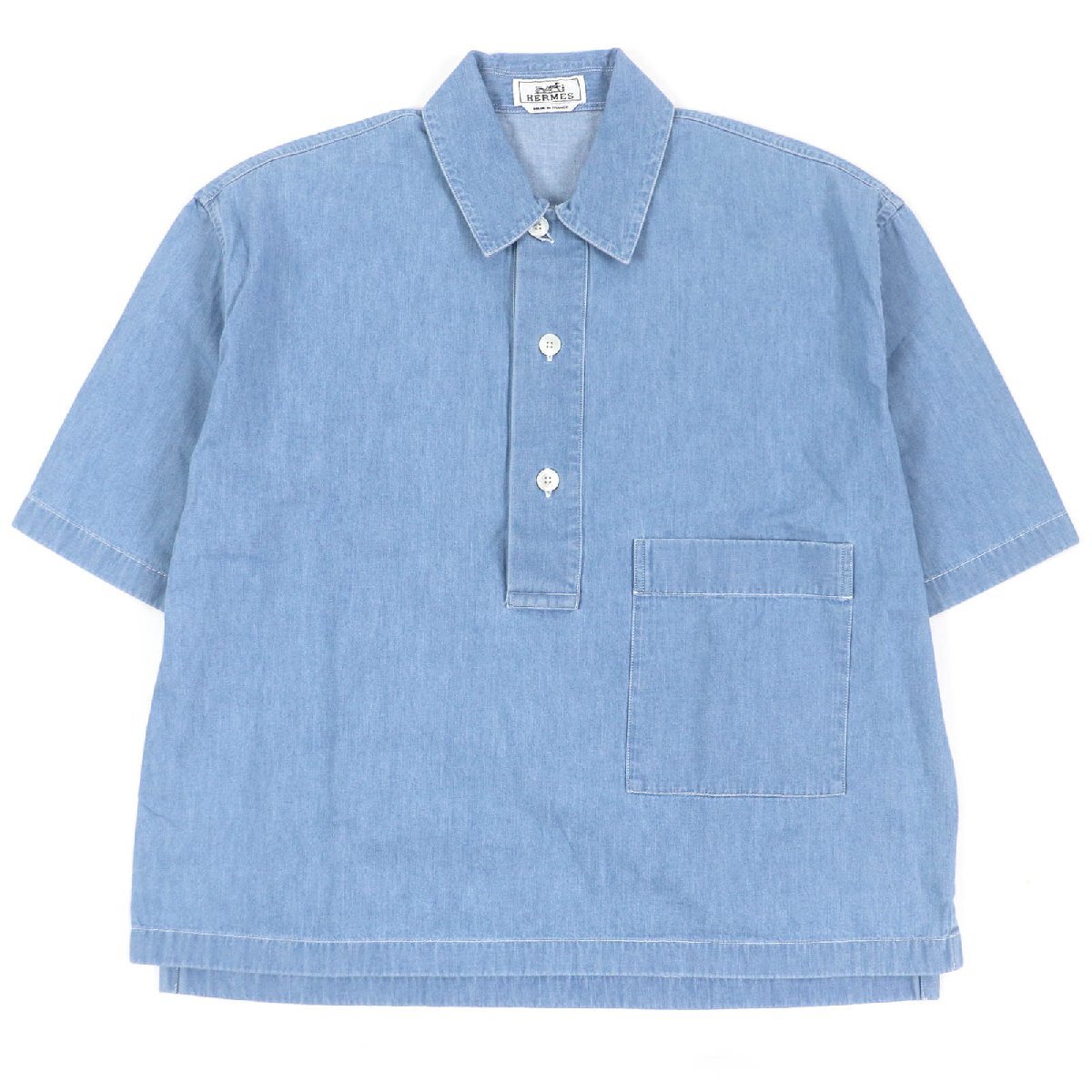 極美品□HERMES エルメス 23SS ハーフボタン パッチポケット プルオーバー 半袖シャツ インディゴブルー 37 フランス制 正規(guī)品 メンズ