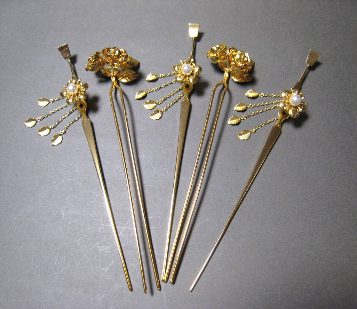 薔薇　彫金　チリカン　梅花　パール　ビラビラ飾り　和洋装　髪飾り　５点　かんざし