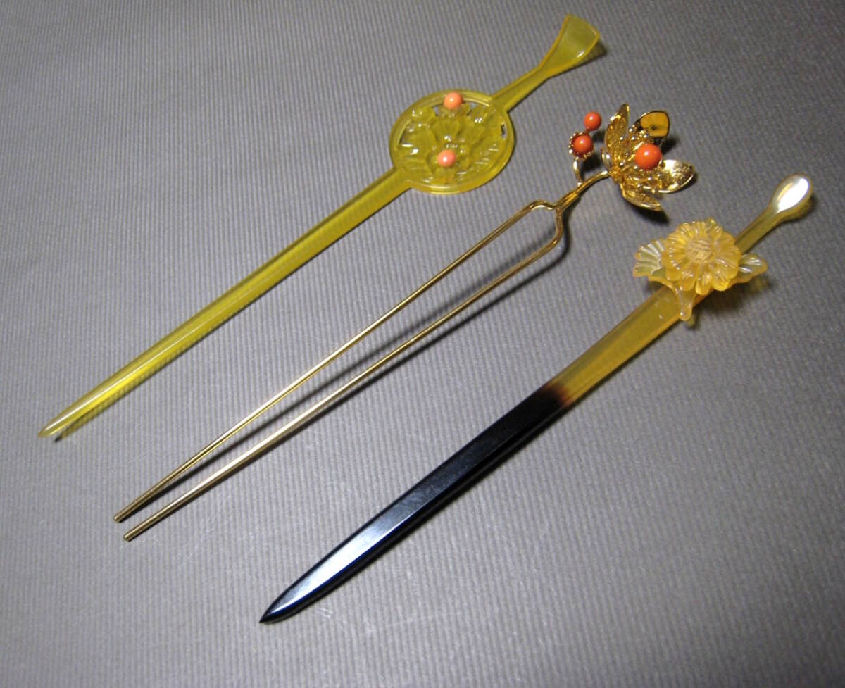 べっこう風　花飾り　一本差し簪　牡丹彫刻　玉飾り　平簪　梅花彫金　簪　日本髪　和装　髪飾り　かんざし