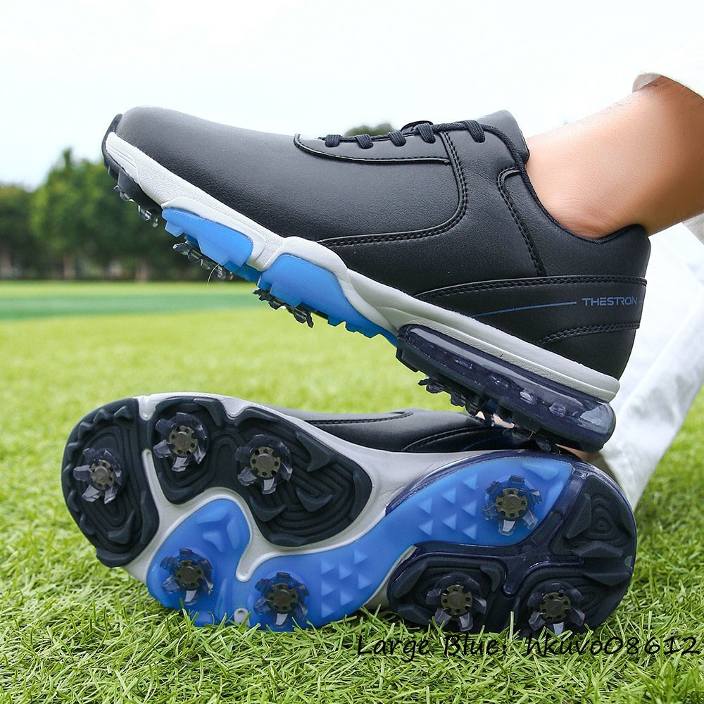 人気提案 エアクッション スポーツシューズ ソフトスパイク ゴルフシューズ 高級品◆新品 運動靴 25.5cm 紺*青 防滑撥水 スニーカー 4E 幅広い 切替 25.5cm