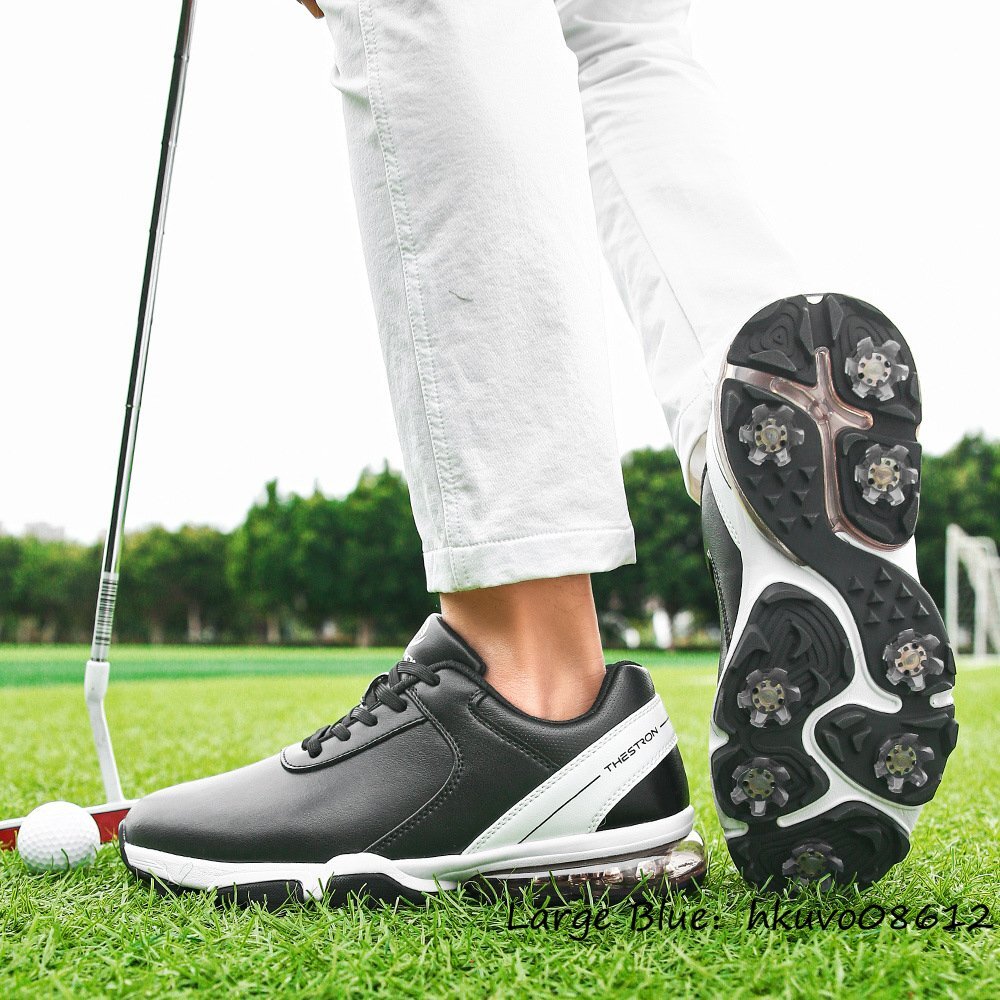 高級品◆新品 ゴルフシューズ ソフトスパイク スポーツシューズ エアクッション 運動靴 切替 幅広い 4E スニーカー 防滑撥水 黒*白 27.5cm