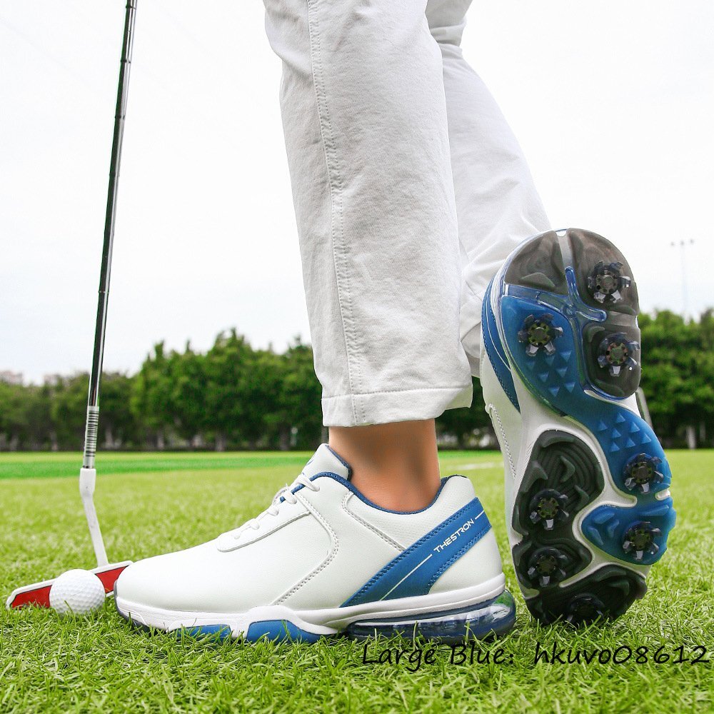 高級品◆新品 ゴルフシューズ ソフトスパイク スポーツシューズ エアクッション 運動靴 切替 幅広い 4E スニーカー 防滑撥水 白*青 26.5cm