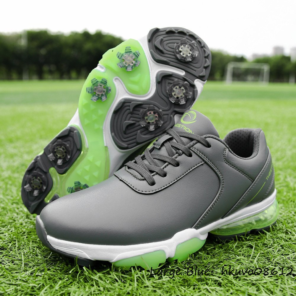 超人気高品質 エアクッション スポーツシューズ ソフトスパイク ゴルフシューズ 高級品◆新品 運動靴 27.5cm 灰*緑 防滑撥水 スニーカー 4E 幅広い 切替 27.5cm