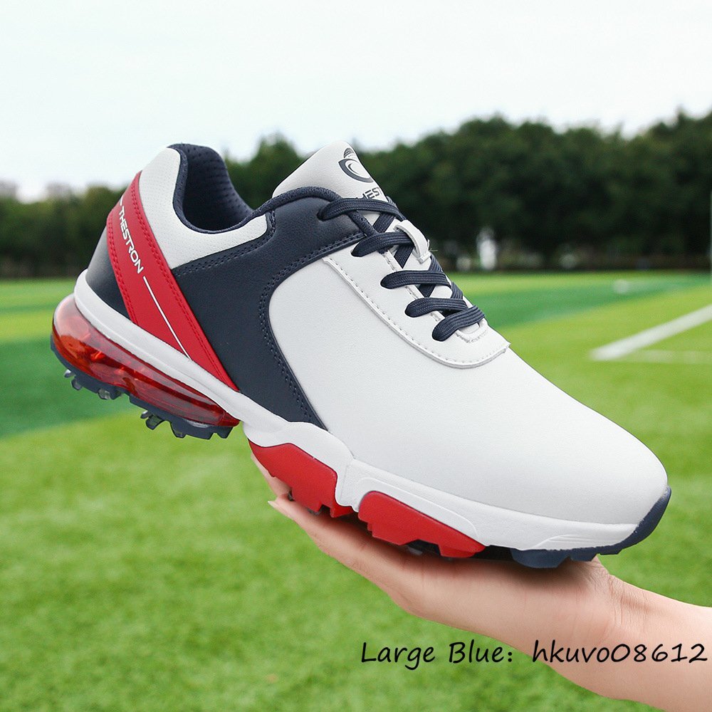 高級品◆新品 ゴルフシューズ ソフトスパイク スポーツシューズ エアクッション 運動靴 切替 幅広い 4E スニーカー 防滑撥水 白*赤 25.0cm