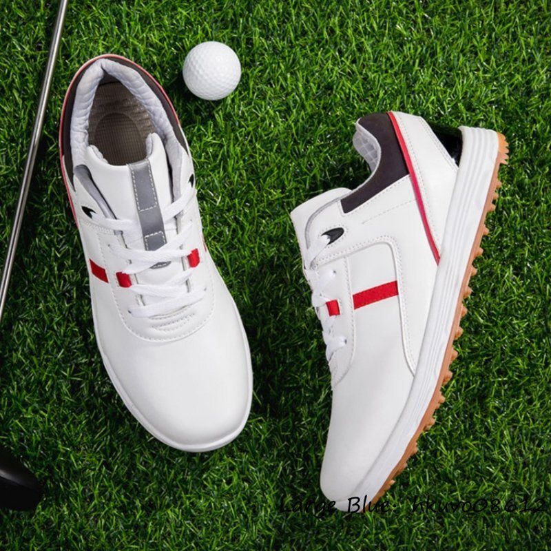 希少品□ゴルフシューズ 男女兼用 スニーカー スポーツシューズ Golf shoes 切替 メンズ 紳士靴 運動靴 幅広 防滑 耐磨撥水 白/赤  25.5cm - 25.5cm