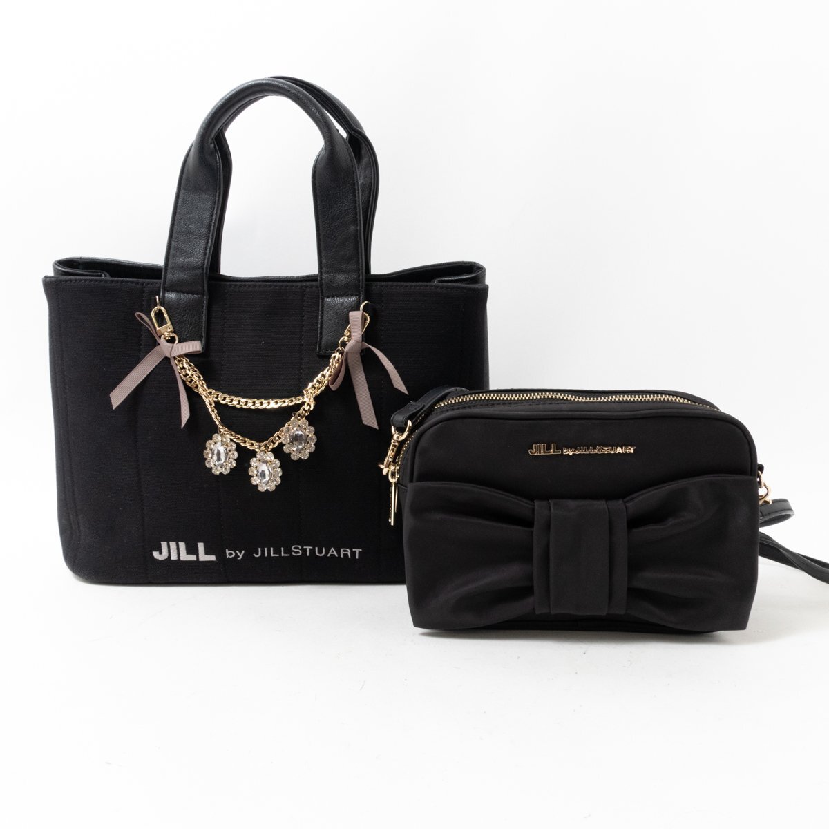 JILL by JILL STUART ジル バイ ジルスチュアート バッグ 2点 ブラック ビジュ ジュエル トート コットン系 リボン ショルダーナイロン系