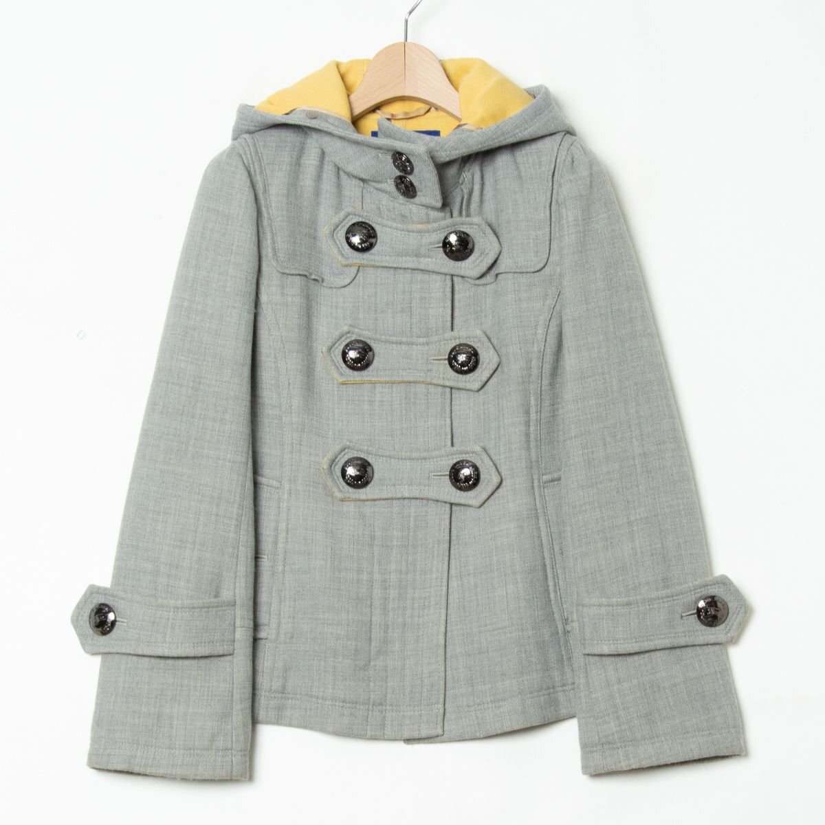 【1円スタート】BURBERRY BLUE LABEL バーバリーブルーレーベル フード付きショートコート ダッフルコート ウール ロゴ釦 グレー 灰色 38