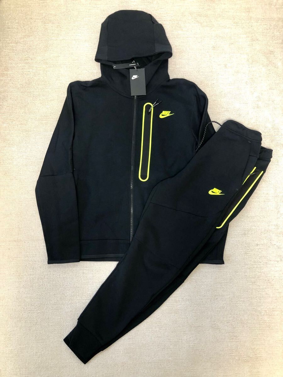 新品 NIKEナイキ セットアップ上下セット テックフリースパーカーL＋テックフリースパンツM 黒ブラック×ネオンイエロージャージスウェット