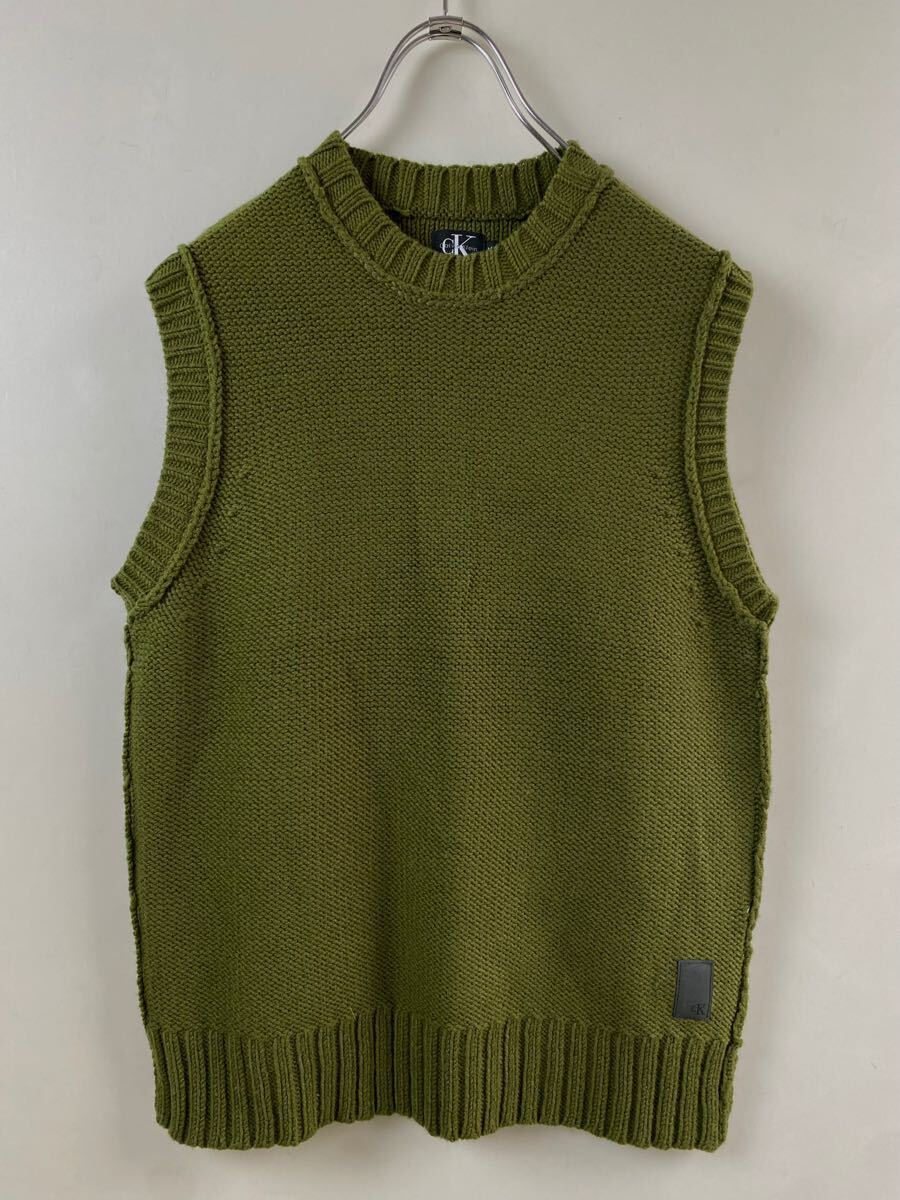 ★良品 ソフトなニット素材 CK Calvin Klein ベスト オリーブ M ◆ プルオーバー クルーネック 男女共用 カルバンクライン ◆W16 こD3MH-10