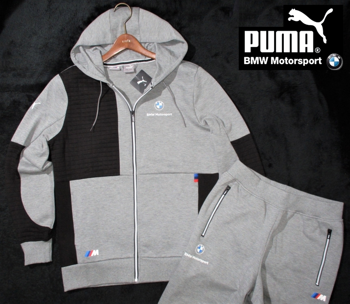 新品ラス1 日本サイズ L 定価2.53万▼ プーマ PUMA BMW Motorsports 上下 スエット パーカー パンツ セットアップ ジャージ 灰 黒 グレー