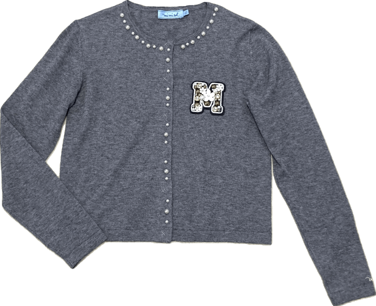 新品同様☆ミミソルMIMISOL　カシミヤ混ビジューレターカーディガン　グレー１２Y☆イタリヤ製