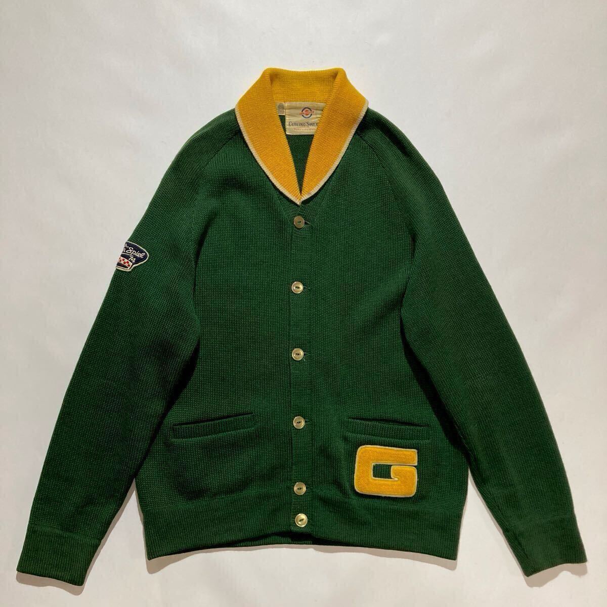 70s USA製 CURLING SWEATER ショールカラー ウール レタードニット カーディガン M 深緑 マスタード ビンテージ レタードワッペン カラシ