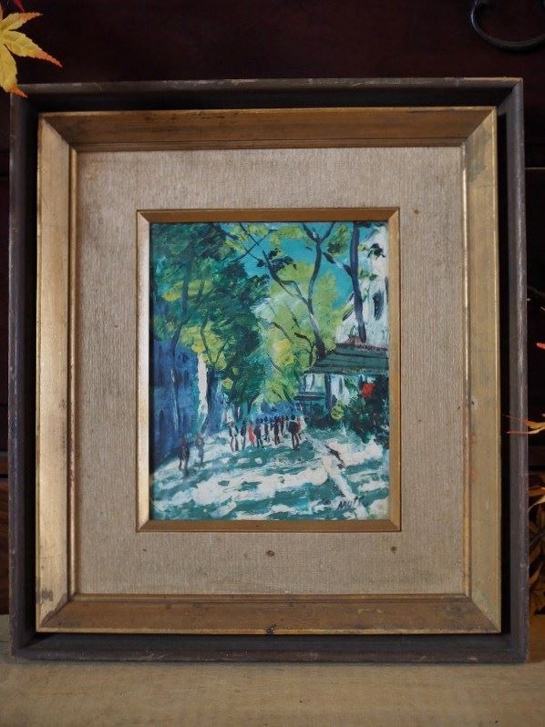 小さな雰囲気ある油絵「バルセロナの街並」　古録展 送料別 Dサイズ　中古 品番H15553