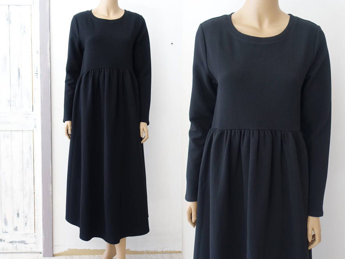 USED美品 L～LLサイズ相当 - 長袖 ロング丈 ワンピース 黒 ブラック 無地 レディース ファッション