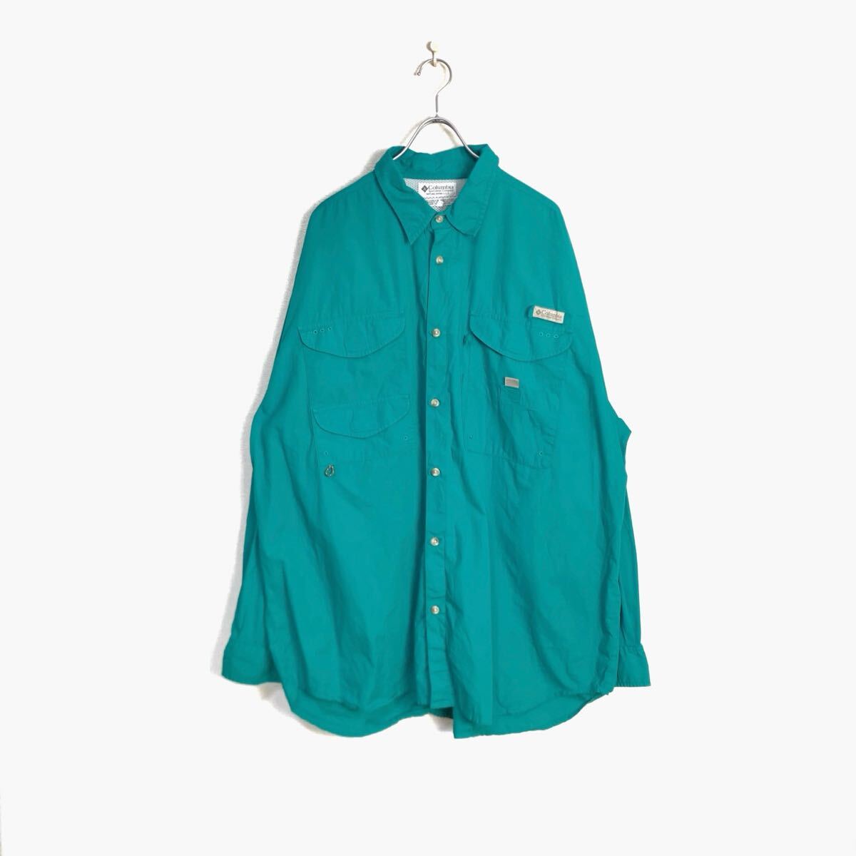 90s Columbia PFG マルチポケット フィッシングシャツ XXL エメラルド ビッグサイズ ヴィンテージ オールド