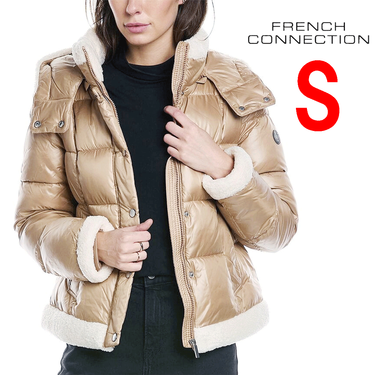 新品 S ★ コストコ French Connection フレンチコネクション レディース 中綿 ジャケット コート ショート丈 フード付き スタンドネック