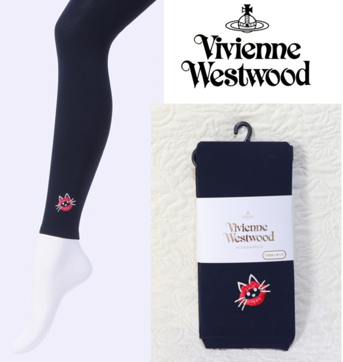 新品未開封【Vivienne Westwood ヴィヴィアンウエストウッド】110デニール 10分丈 キャット刺繍 レギンス 紺 M-L v6265