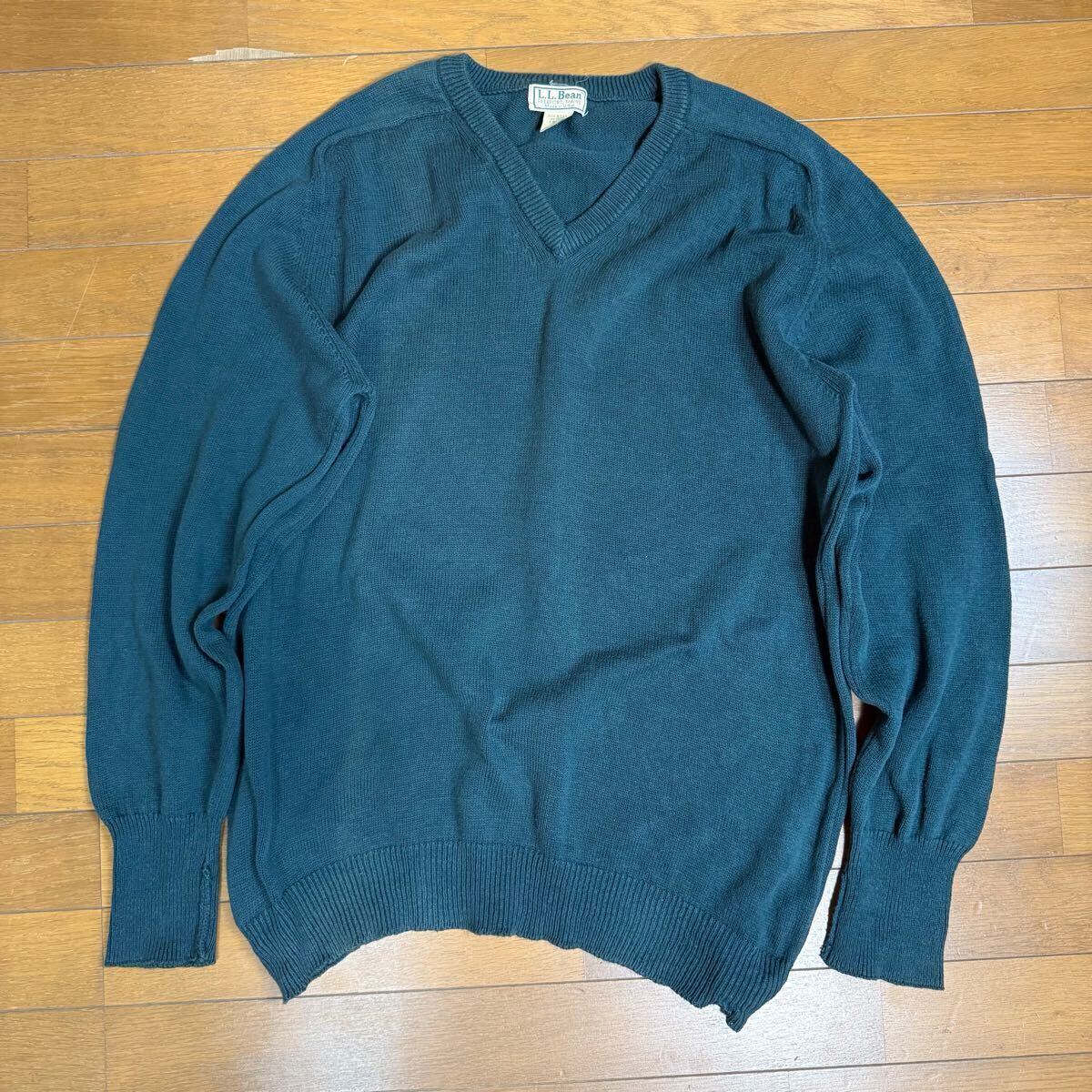 【80~90s】L.L.Bean エルエルビーン コットンニット Vネック 深緑 L USA製 vintage