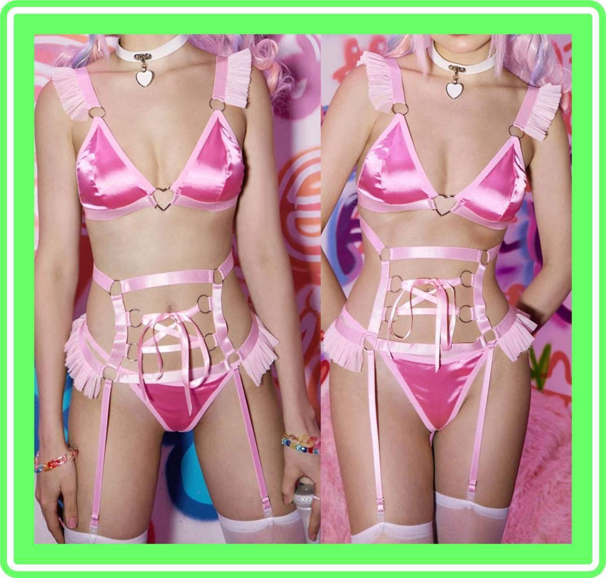 ♥超素敵★ガーターデザイン★コスチュームセット★光沢ピンク★サテン★キュート★大人可愛いくチャーミング♥R5