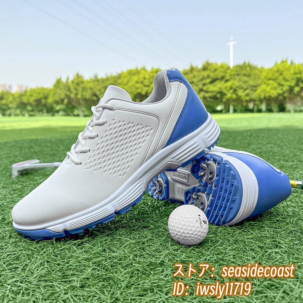 高級品◆ゴルフシューズ 新品 強いグリップ スニーカー メンズ 通気性 運動靴 スポーツシューズ 幅広 防滑耐磨 フィット感 白*青 28.0cm