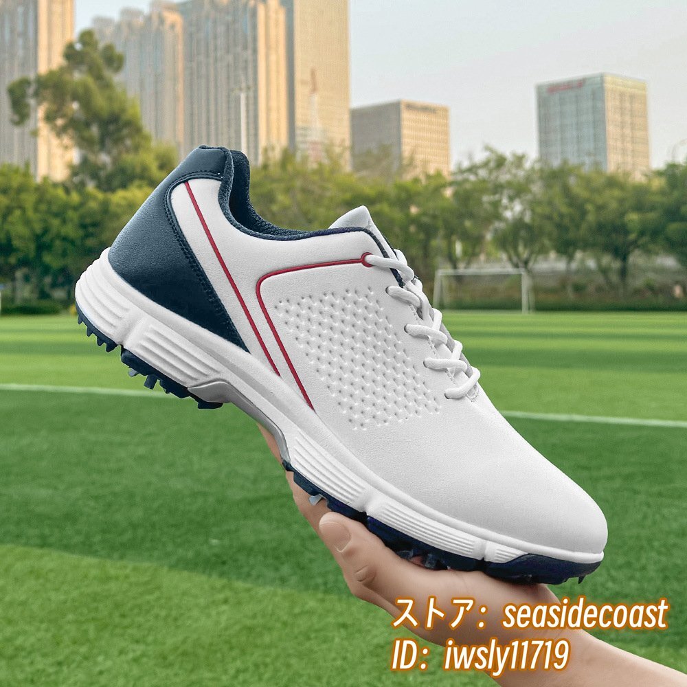 高級品◆ゴルフシューズ 新品 強いグリップ スニーカー メンズ 通気性 運動靴 スポーツシューズ 幅広 防滑耐磨 フィット感 白*赤 26.5m