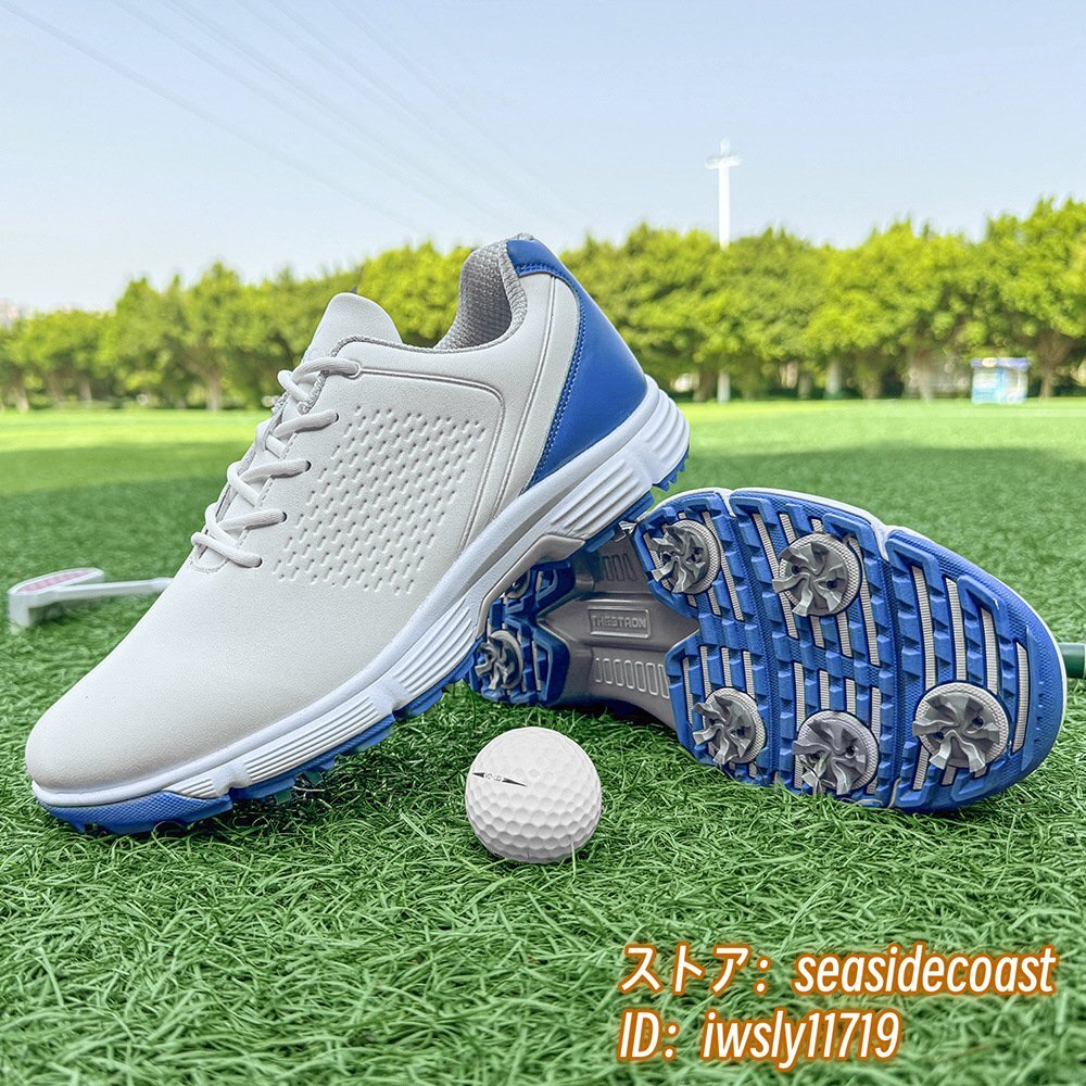 安い割引 高級品◆ゴルフシューズ 新品 強いグリップ スニーカー メンズ 通気性 運動靴 スポーツシューズ 幅広 防滑耐磨 フィット感 白*青 27.0cm 27.0cm