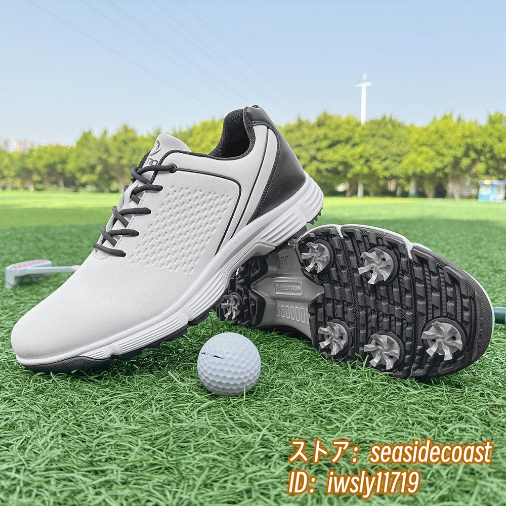 高級品◆ゴルフシューズ 新品 強いグリップ スニーカー メンズ 通気性 運動靴 スポーツシューズ 幅広 防滑耐磨 フィット感 白*黒 25.5cm