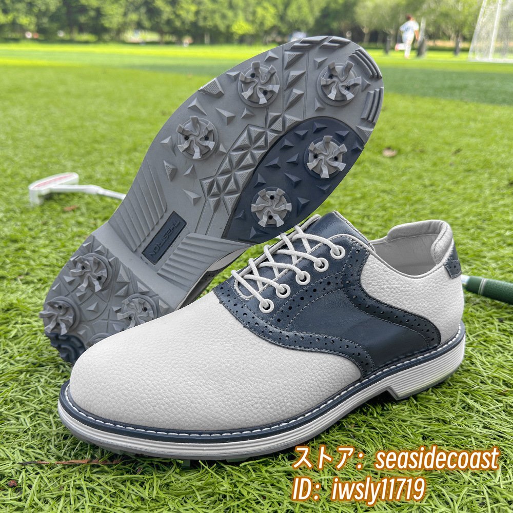 即納!最大半額! 高級品◆ゴルフシューズ メンズ 切替 イギリス風 スポーツシューズ 運動靴 スニーカー フィット感 超軽量 通気性 防滑防水 ブルー 25.0cm 25.0cm