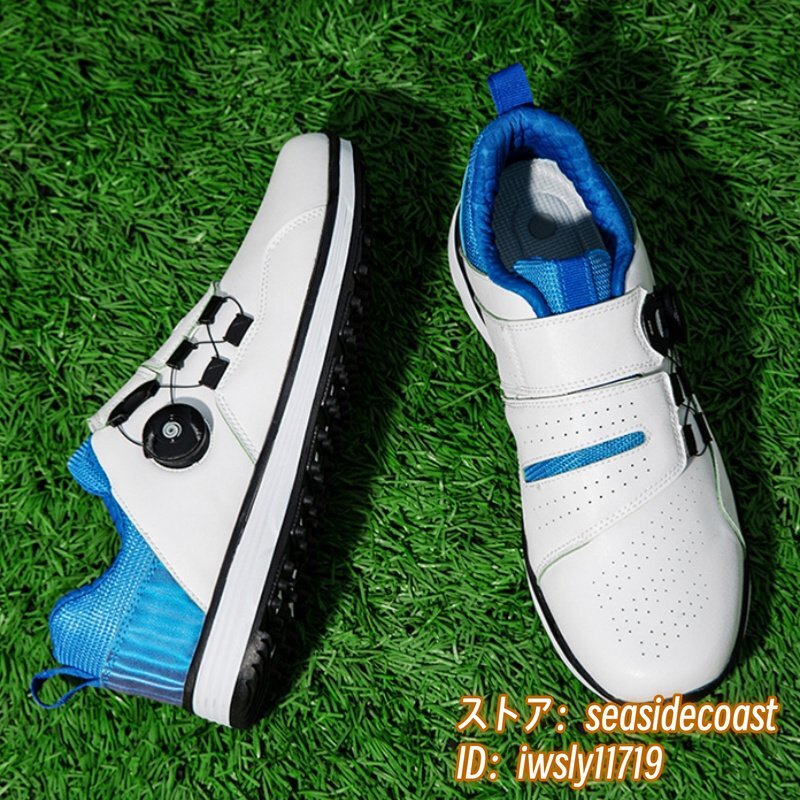 売れ筋がひ贈り物! 幅広い 運動靴 メンズ スニーカー ダイヤル式 限定新品★ゴルフシューズ スポーツシューズ 27.0cm 白/青 防水 耐磨 防滑 フィット感 27.0cm