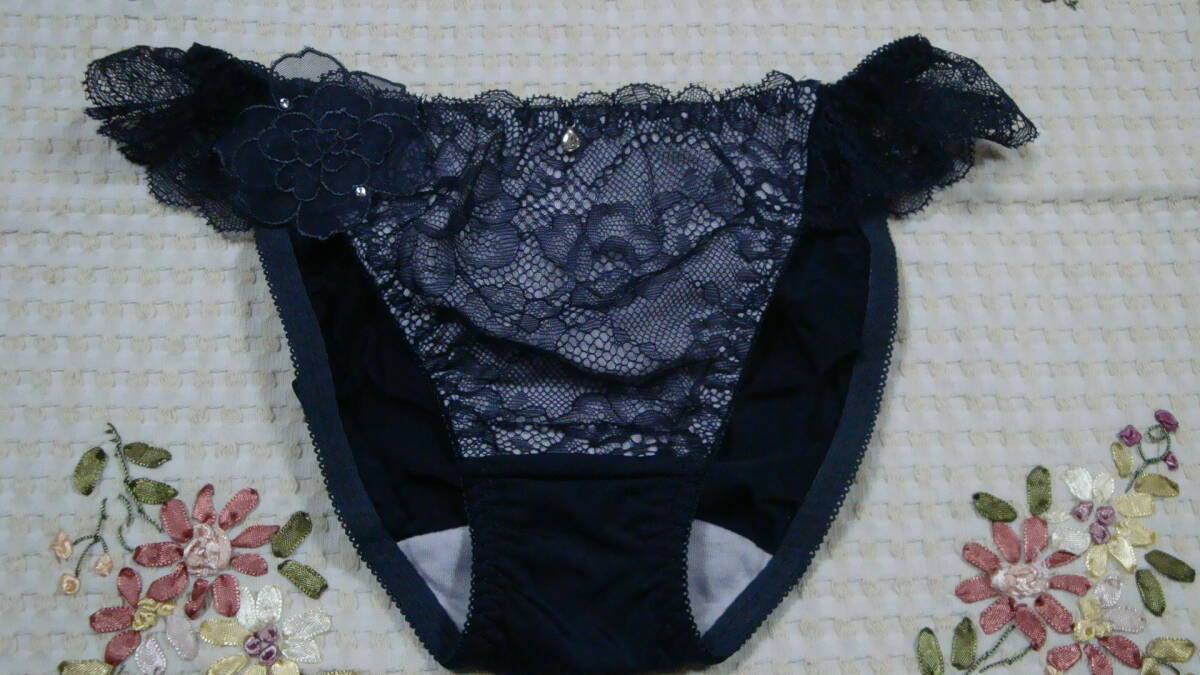 新品.ナルエー.Narue.ショーツ.サイド豪華立体フラワー.ビジュー.ネイビー.M_画像1