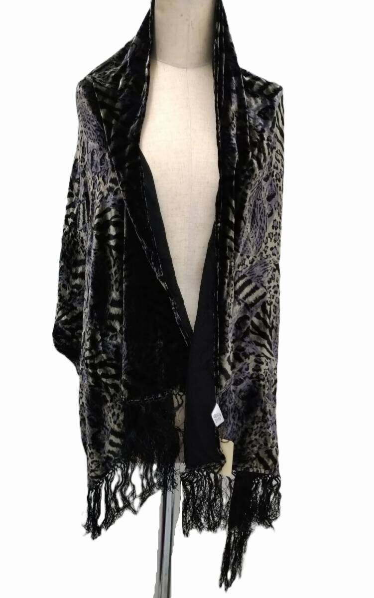 未使用 京都肩傘協組　シルクストール レオパード柄黒　フリンジ付_画像3