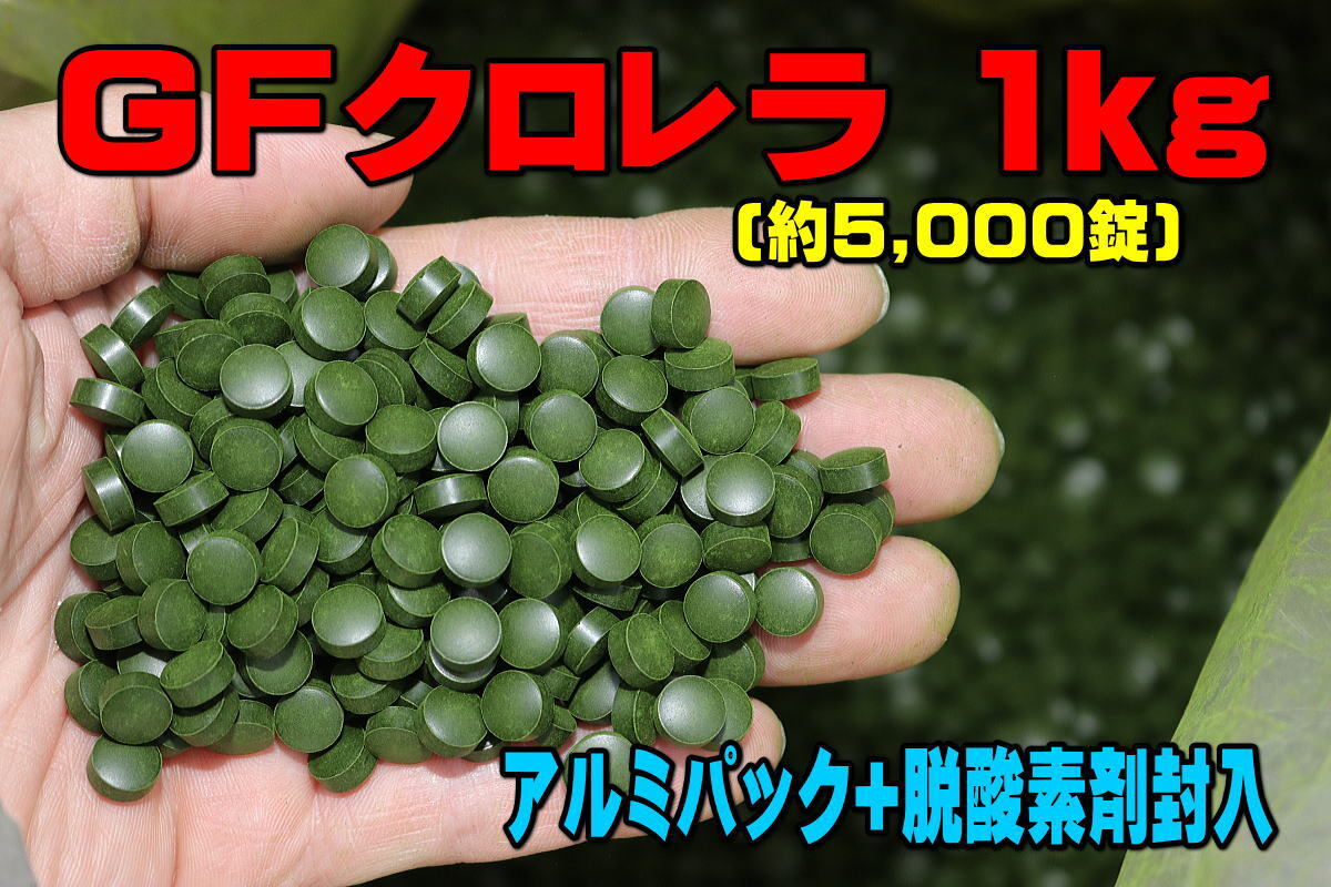 GFクロレラ1kg★約5,000錠・粒のサイズ直径8×4.5mm・アルミパック+脱酸素剤で封入・錠剤・植物性飼料・適格請求書発行可能★60