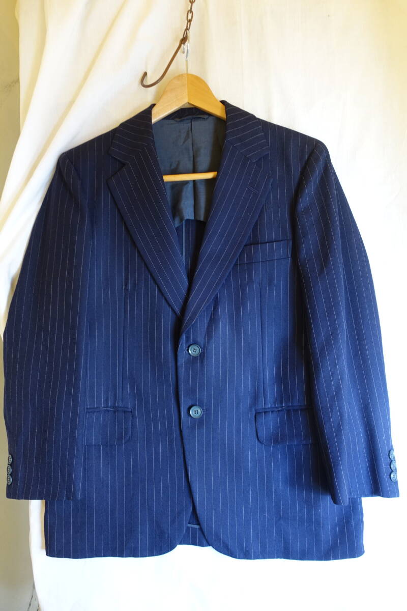○[60s70s80s vintage ヴィンテージ 紺ネイビー ストライプ クラシカル ウール ジャケット]USED古着 昭和レトロ・モダン・