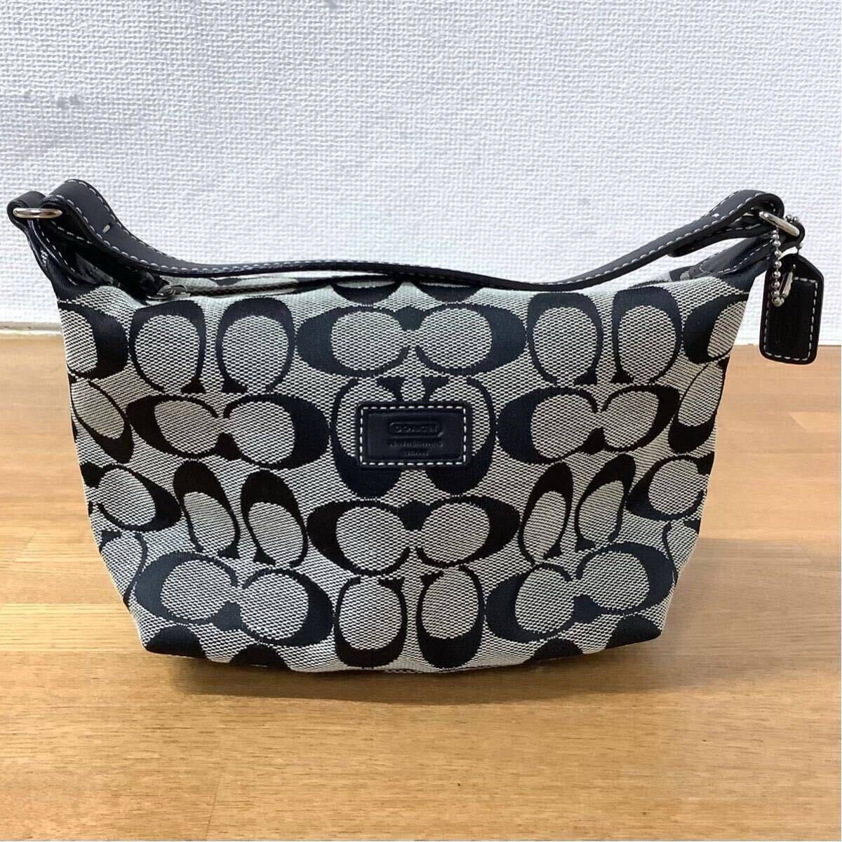 【美品】COACH コーチ シグネチャー ワンハンドルバッグ キャンバス グレー ブラック 手提げ鞄 ハンドバッグ バッグインバッグ レディース