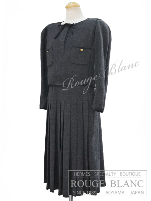 シャネル　ヴィンテージ　ワンピース　ダークグレー×ブラック　#38　CHANEL　ビンテージ　ココマーク　ドレス　セットアップ　黒