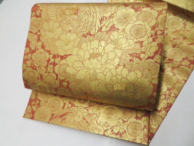 《京都一輝堂》【着物】袋帯　長嶋成織物　瀞金錦 本金箔　草花鳳凰文　金糸　六通　長尺　25b01-66
