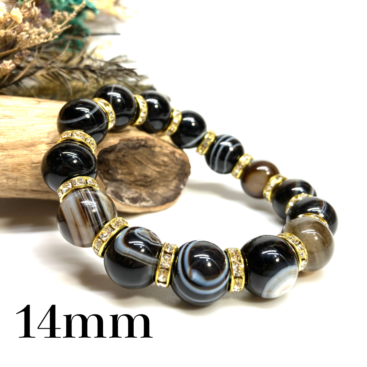 パワーストーン ブレスレット チベットアゲート（天眼石） 14mm 天然石ブレス (ゴールド) 浄化 メンズ 男性 プレゼント 14ミリ
