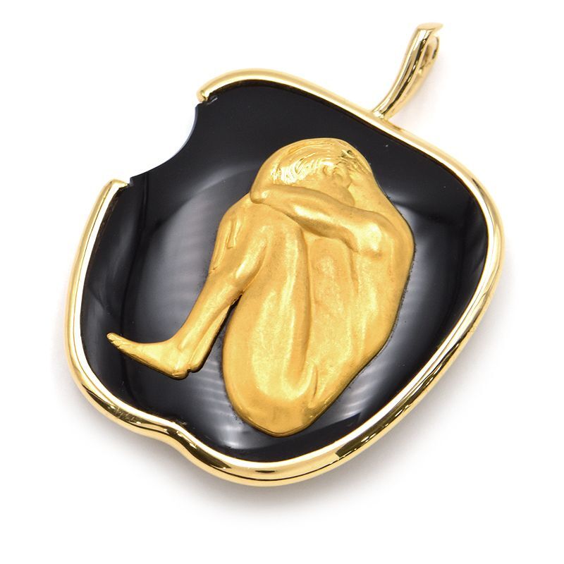 カレライカレラ アダム＆イヴ オニキスペンダントトップ K18YG リンゴモチーフ リバーシブル イエローゴールド 中古 送料無料_画像1