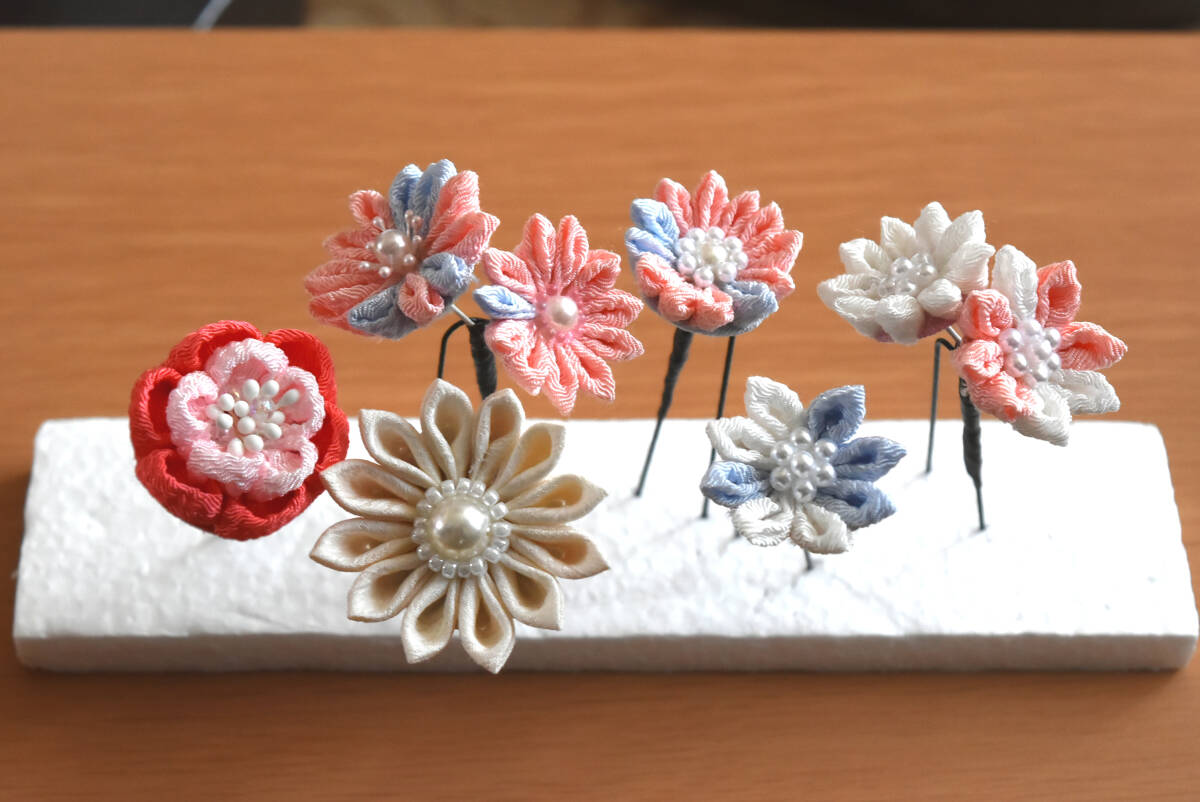 ハンドメイド｜つまみ細工Uピン髪飾り6点セット｜和装髪飾り｜ちりめん　つまみ細工