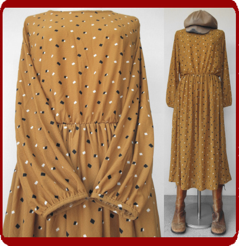 古着♪レトロ調・ポップ柄ロングワンピ♪70s60s70年代60年代80年代ヴィンテージ風長袖ゆったりフリーサイズ即決まとめマスタード