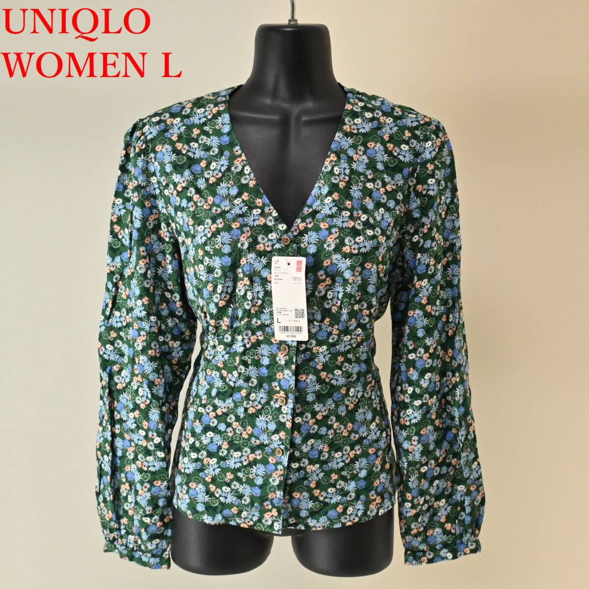 U1 新品 WOMEN L ユニクロ プリントVネックブラウス 長袖シャツ