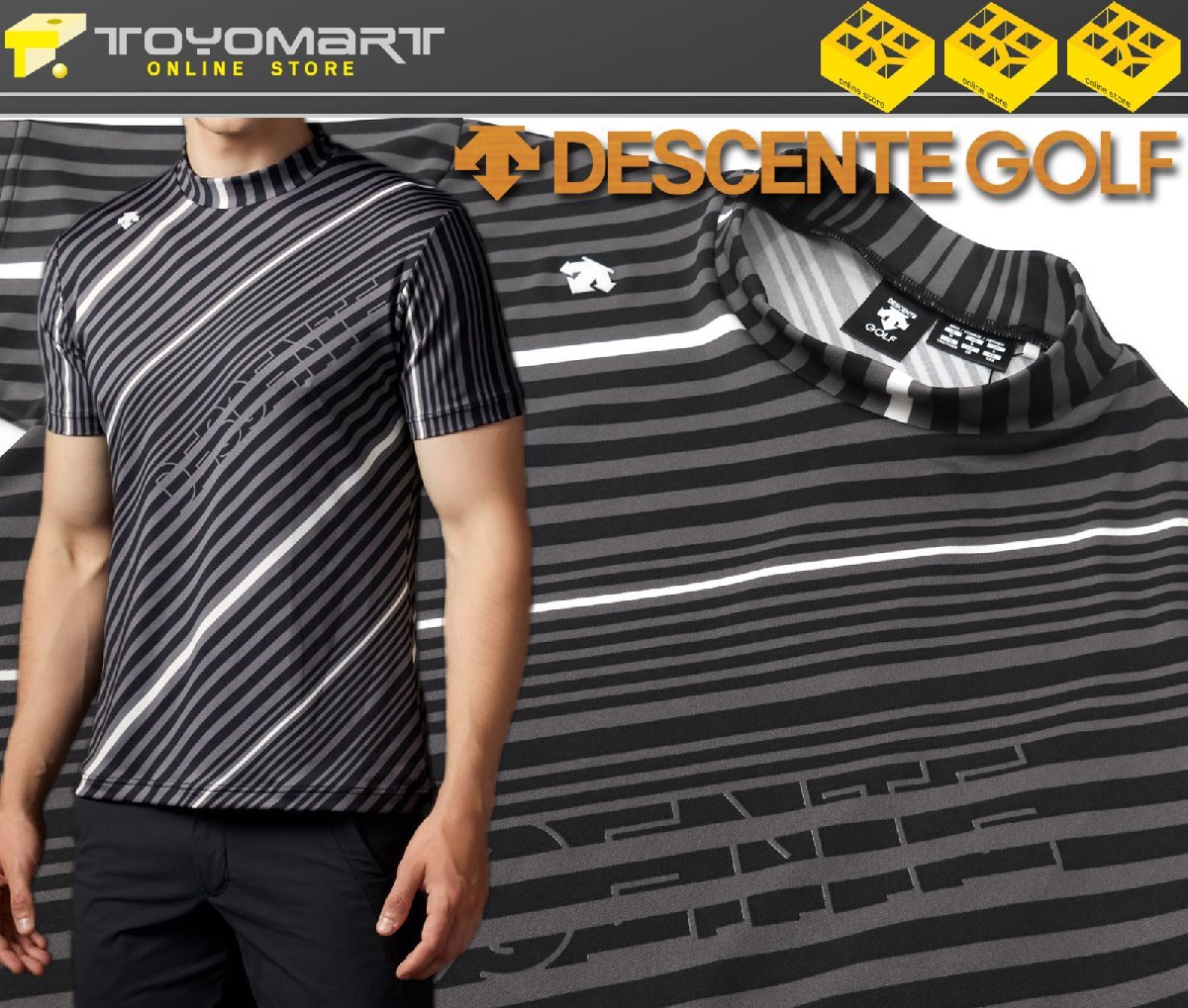 G214●DESCENTE GOLF デサントゴルフ●新品　スムース ストライ ププリント モックネックシャツ　ブラック/O　定価13200円
