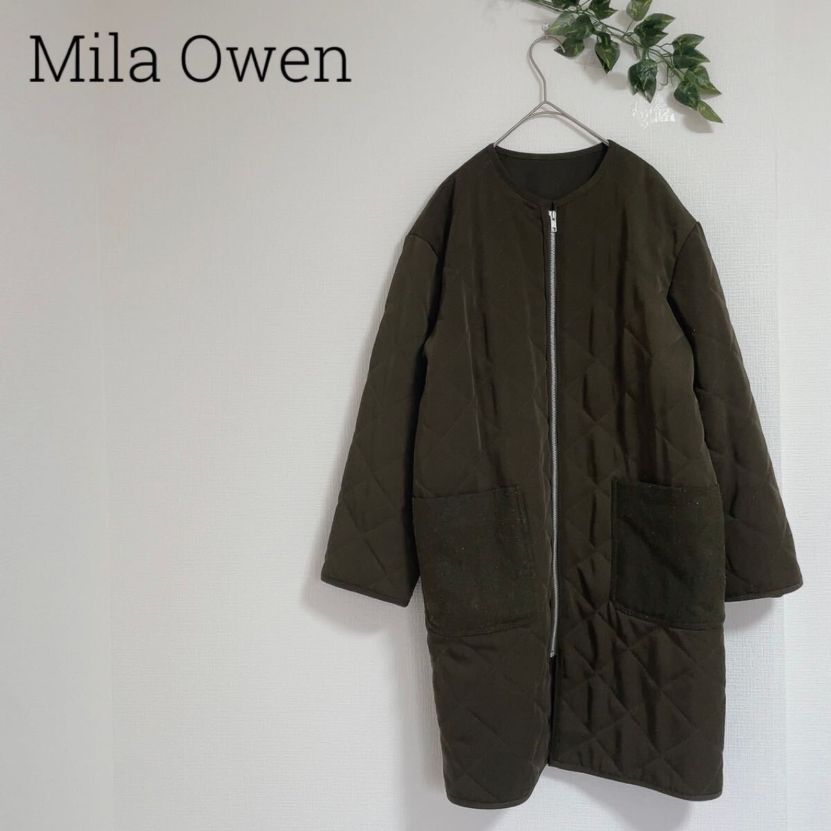 ミラオーウェン　キルティングジャケット　ノーカラーコート　カーキ　無地　アウター Mila Owen ロング丈 アウター