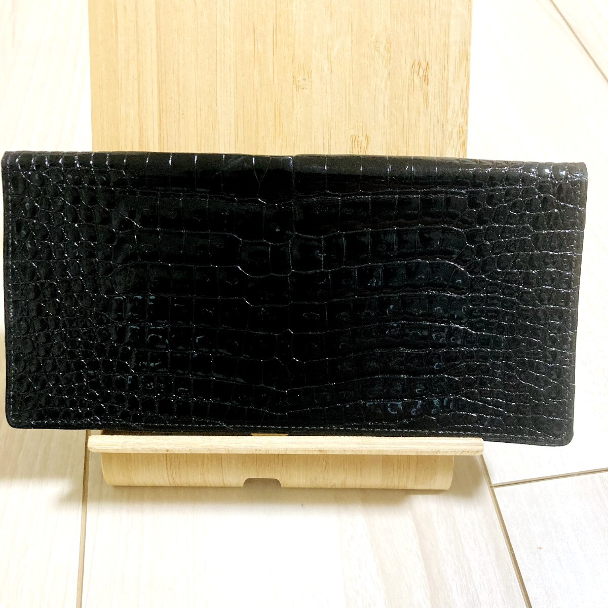 ★即決★ クロコダイル クロコ ワニ革 鰐 長財(cái)布 札入れ ウォレット サイフ 小銭入れなし　 黒 ブラック BK シャイニング スリムタイプ