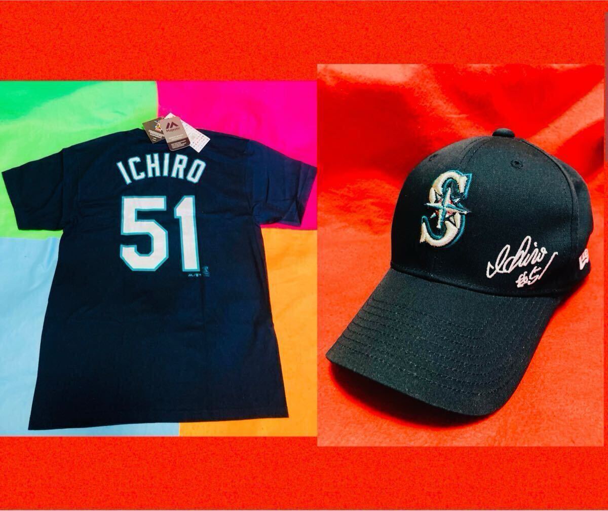 イチロー/マリナーズTシャツ（L）/刺繍サイン入りキャップ/WBC/野球殿堂/MLB/大谷翔平/永久欠番/#51/ニューエラ/マジェスティック