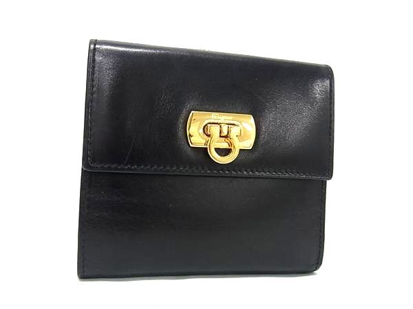Salvatore Ferragamo フェラガモ 22 0048 ガンチーニ レザー がま口 三つ折り 財布 ウォレット 小銭入れ 札入れ ブラック系 DH0627