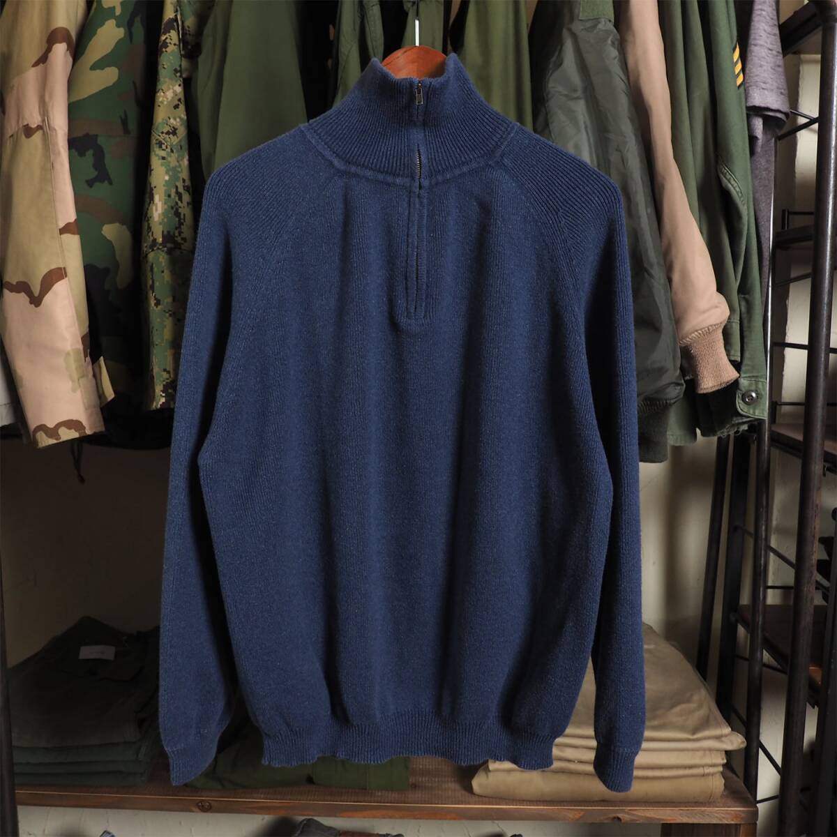 90s Eddie Bauer エディバウアー コットンニット タートルネック ハーフジップ 白タグ ビンテージ M ネイビー