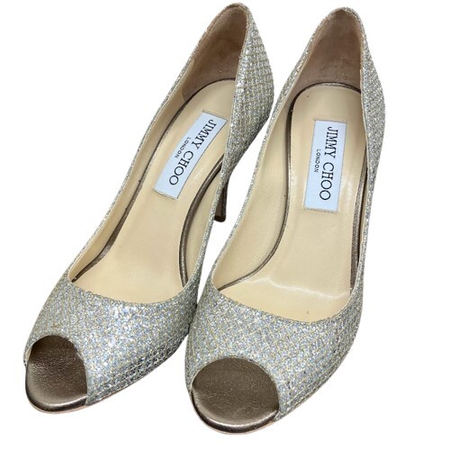 JIMMY CHOO ジミーチュウ グリッター オープントゥヒールパンプス シルバー 表記サイズ341/2