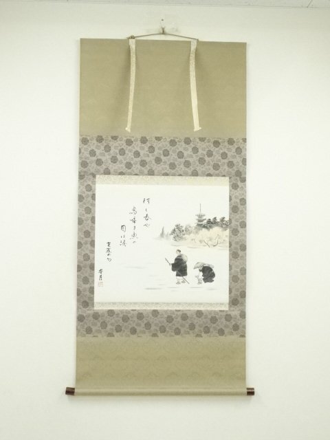 ys7185573; 宗sou 芳月筆　行く春　芭蕉句画賛　肉筆絹本掛軸（共箱）